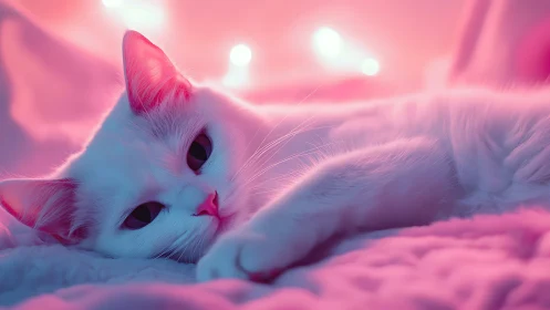 White Cat Rests in Pink Dreamscape. Surreal Glow.