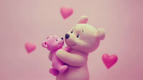 Soft-rendered bear figures positioned against diffused pink background