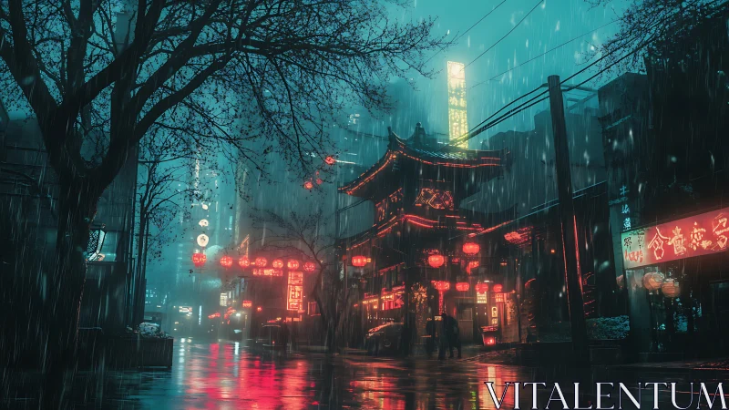 Rain-soaked neon Chinatown street renders atmospheric volumetric light