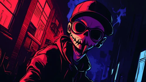 Skull-masked street figure stalks neon alley at night