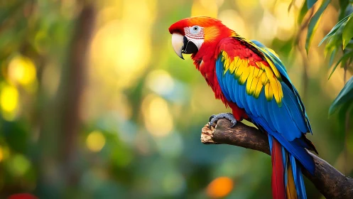 Vibrant scarlet macaw perched on branch in natural sunlight.