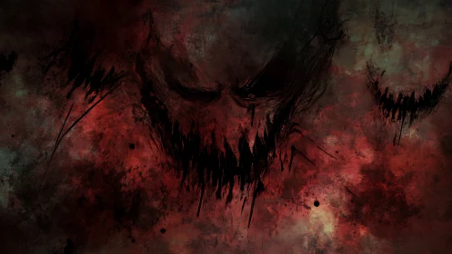 Demonic abstract face emerging from dark crimson void.