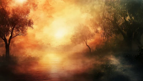 Mystic riverside sunset glows through hazy golden mist