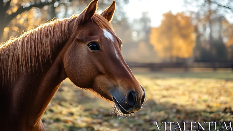 Chestnut horse in golden autumn pasture at sunrise.