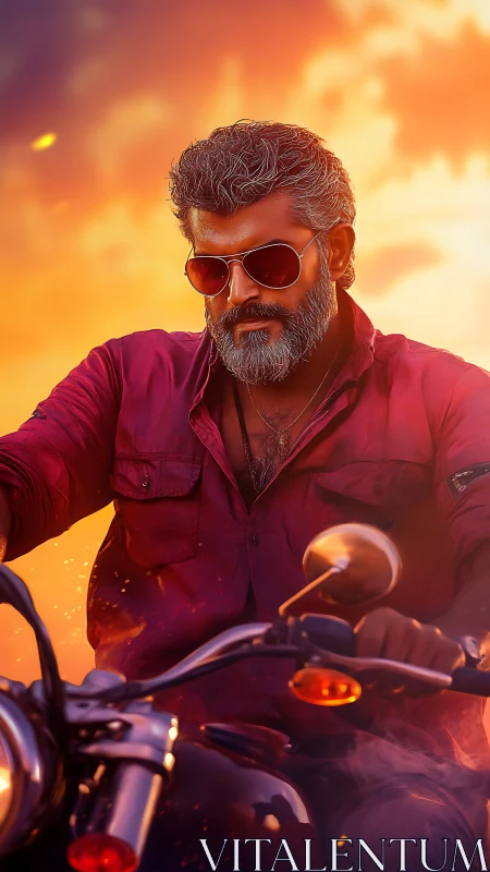 Middle aged motorcyclist in sunglasses at sunset sky.