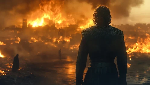 Solitary Warrior Observing Urban Conflagration in Apocalyptic Wasteland.