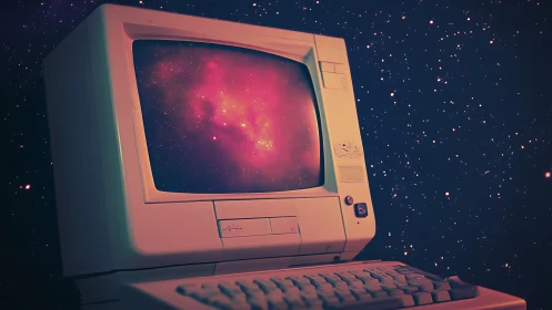 Retro computer drifts through a dreamy pink starlit galaxy.