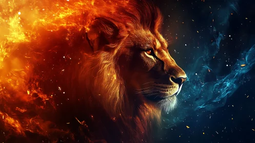 Solar storm lion between fire and cosmic frost.