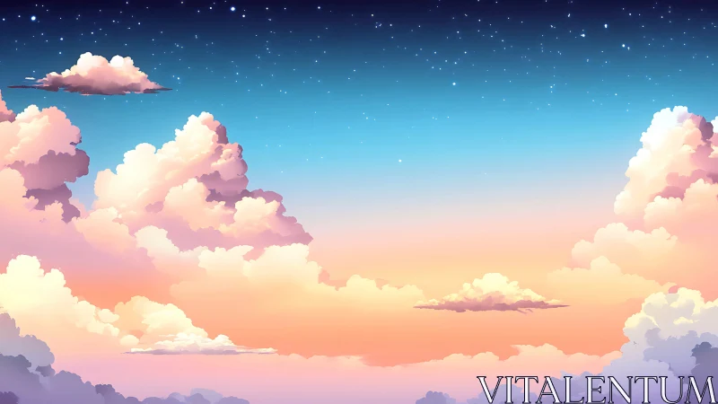 Pastel dusk sky renders volumetric clouds in soft gradients