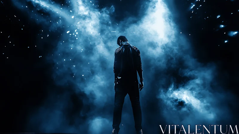 Solitary performer on backlit stage amid blue smoke.