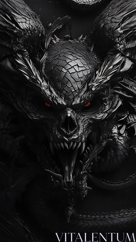 Night-forged dragon deity with burning ember eyes unleashed.