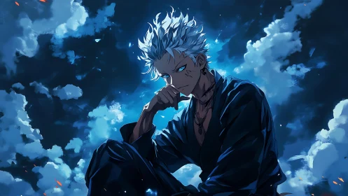 Silver haired anime fighter in blue night sky cloudscape