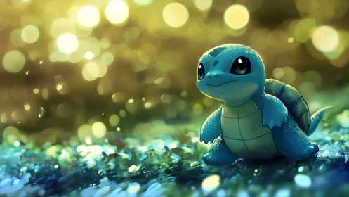 Gentle blue turtle friend glowing in soft forest light.