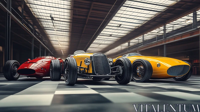 Retro concept race cars align under industrial skylight.