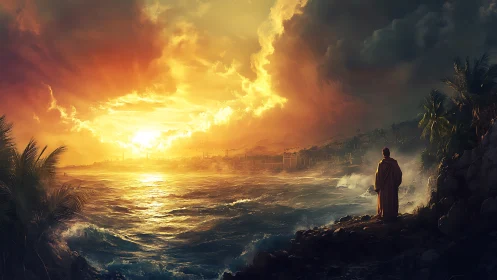 Digital painting seascape with cloaked figure at radiant sunset.