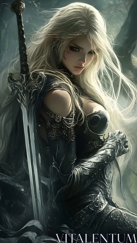 Elven warrior portrait in baroque steel armor, forest-lit.