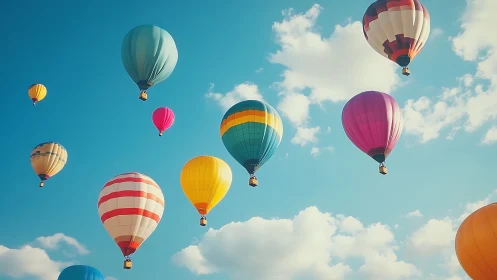 Color-rich hot air balloons drifting across blue sky.