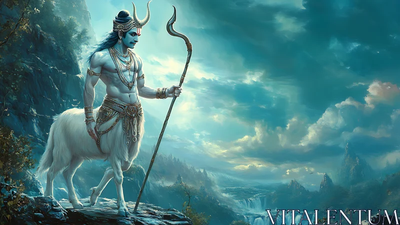 Mythic centaur deity overlooking azure cascading valleys.