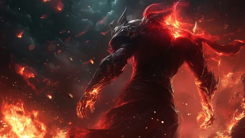 Ember-clad warrior rising from roaring stormfire skies.