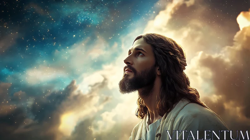 Heavenward gaze against radiant clouds and starry sky.