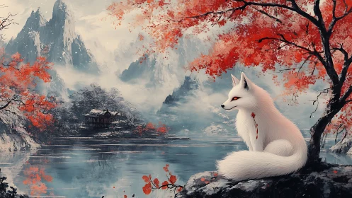 Mystic white fox by lacquered lake under autumn maples.