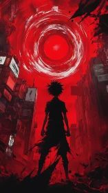 Silhouetted wanderer beneath swirling crimson vortex sky.