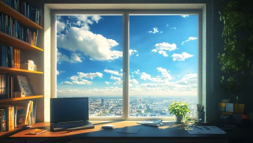 Sunlit home office overlooking expansive urban skyline.