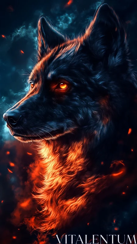 Infernal wolf portrait with bi-chromatic ember lighting.