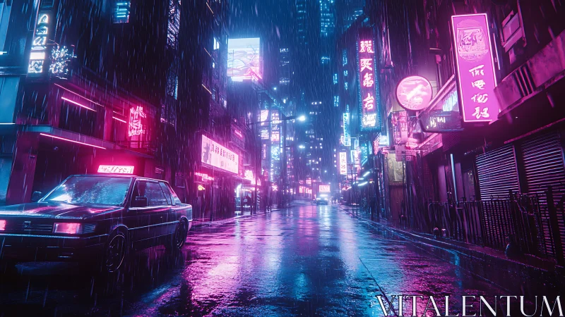 Neon soaked city street in heavy night rain, cyberpunk view.