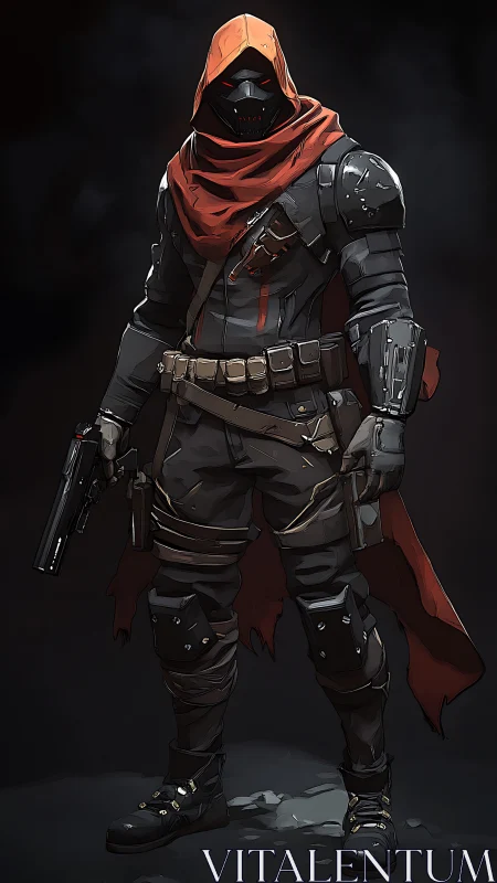 Hooded cyber assassin with pistol and red tactical cloak.