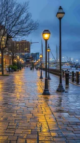 Wet harbor promenade at dusk with glowing streetlights.