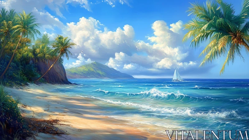 Tropical Island Beach with Sailboat and Palm Trees.
