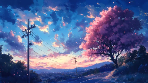 Twilight blossoms ignite above a quiet hillside roadway.