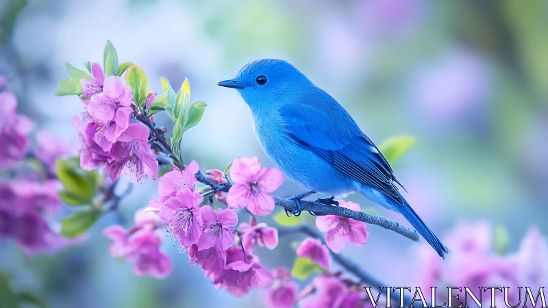 Vibrant blue songbird on cherry blossom branch, soft dreamy style.