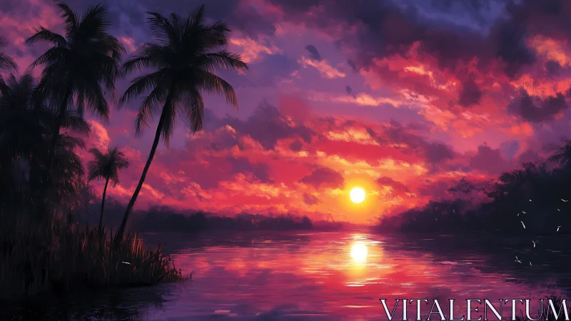 Gentle tropical sunset over calm water and silhouetted palms.