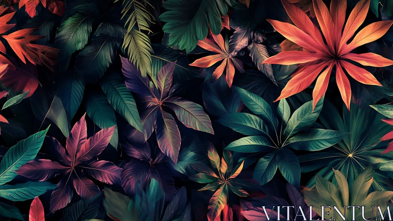 Colorful tropical leaves in dense abstract pattern.