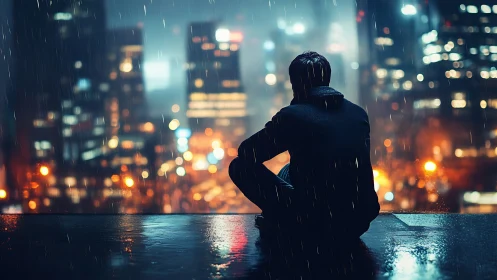 Quiet rainy rooftop pause above the glowing city lights.
