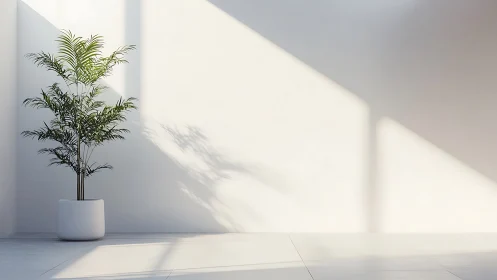 Potted indoor palm beside plain wall with angled light.