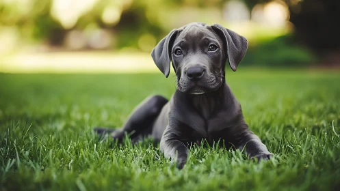 Gray puppy lying on short grass in outdoor environment.