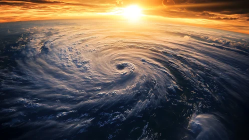 Spiral cyclone structure rendered beneath high-altitude golden sunset