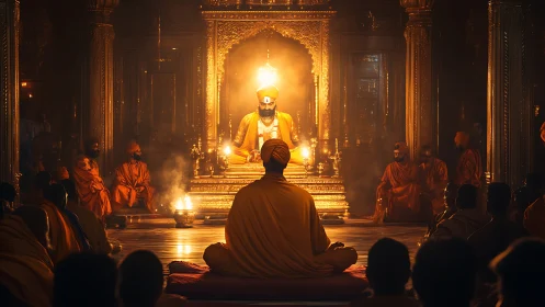 Central seated figure illuminated in ornate golden interior