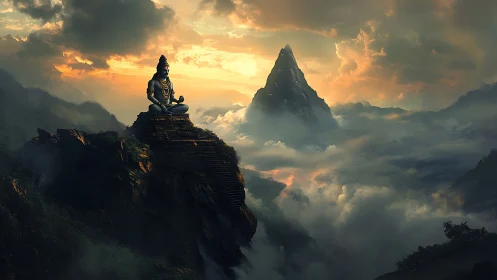 Mountain statue above clouds under dramatic golden sky.