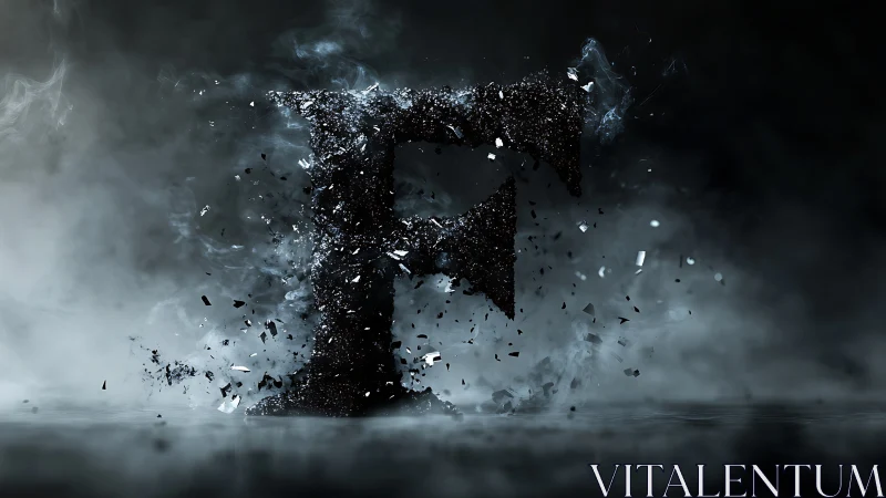 Fragmented letter F rendered in dark particulate space