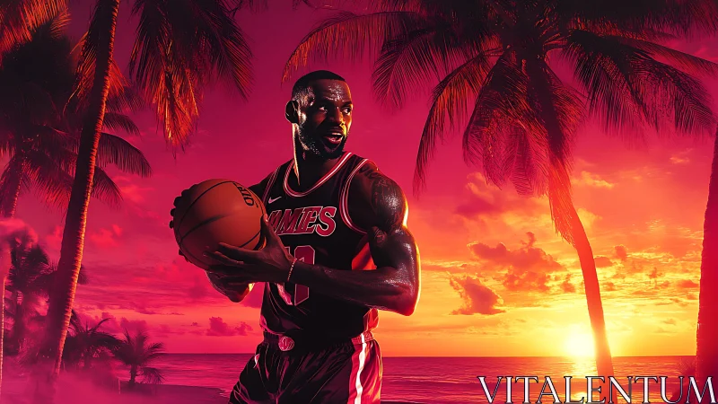 Sunset court legend ready to play beneath tropical palms.