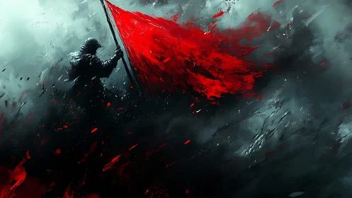 Lone warrior in stormlight raising a fierce red banner.