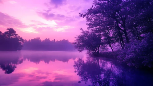 Dreamy purple lakeside sunrise wrapped in gentle mist.