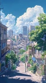 Sunlit hillside street tumbles softly toward the distant city