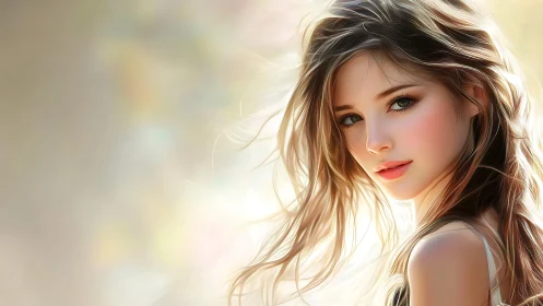 Digital portrait of young woman in soft backlit setting.