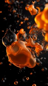 Orange liquid blobs suspended against dark background.