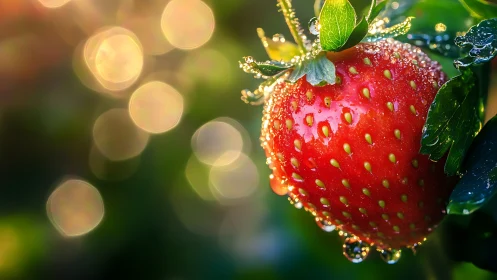 Fresh ripe strawberry covered in morning dew outdoors.